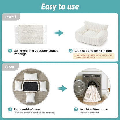 Cute Cat Bed with Removable Cover, Multifunctional Plush Faux Fur Pet Couch Bed with Blanket, Ultra-Soft Pet Furniture for Cats & Small Dogs (Cream, S: 25''x18'')