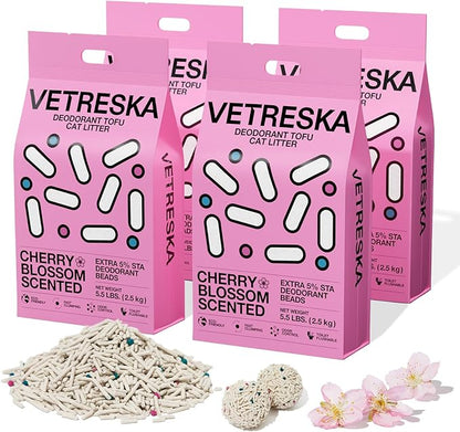 VETRESKA Cherry Blossom Tofu Cat Litter,Natural Pretty Kitty Litter Strong Clumping Flushable Cat Litter Pellets Ultra Absorbent,Dust-Free,Low Tracking,Deodorant Tofu Litter Compostable(5.5lb×4bags)