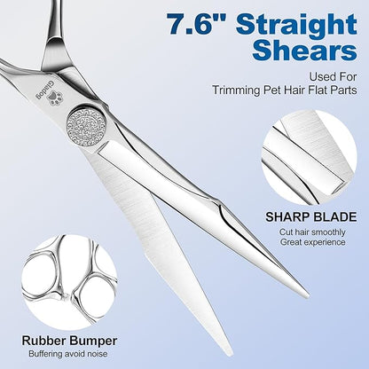 GLADOG Luxury Dog Grooming Scissors Set - 7" Straight, 6.5" Thinning, 7" Curved Dog Shears for Grooming - 9CR Steel, Professional Grooming Kit for Dogs