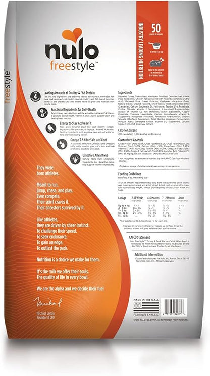 Nulo Freestyle High Protein Cat & Kitten Food, Turkey & Duck Recipe - Natural Grain-Free Dry Cat Food with Omega Fatty Acids & Probiotics, 4 lb Bag