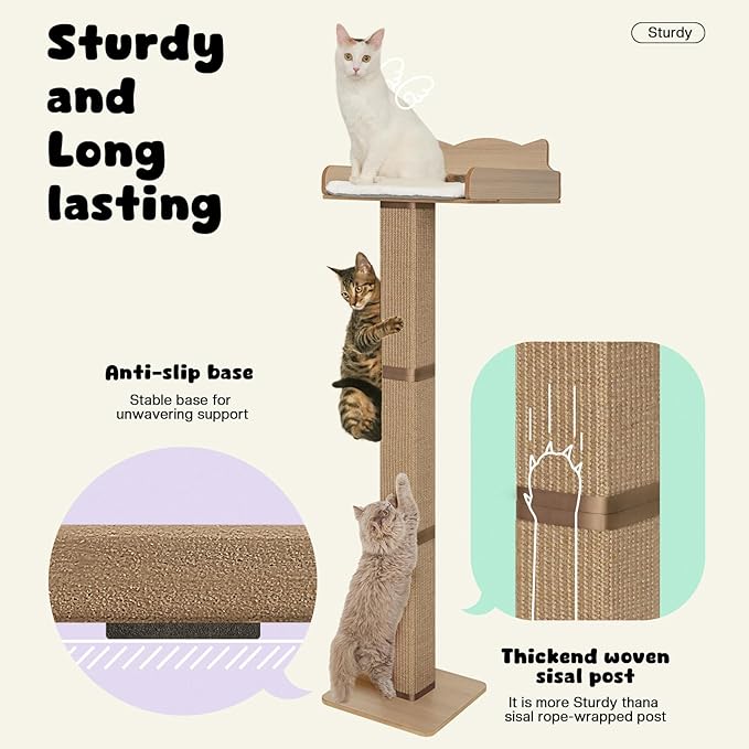 Cat Window Perch with Thick Sisal Scratching Post, Cat Hammock for Window, 53.5" Adjustable Tall Cats Scratching Post with 2 Upgrade Suction Cups, Cats Window Bed with Fluffy Cushion, Jute