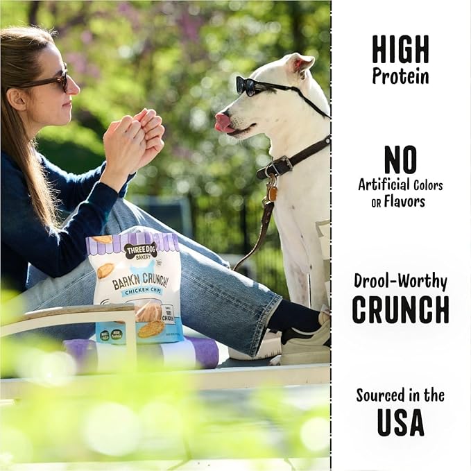 Three Dog Bakery Bark’N Crunch! Chicken Chips, Cheese Flavor, Crunchy Treat for Dogs, Two Ingredients, High Protein Snacks, No Artificial Flavors or Colors, Made in The USA, 4 oz.