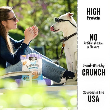 Three Dog Bakery Bark’N Crunch! Chicken Chips, Cheese Flavor, Crunchy Treat for Dogs, Two Ingredients, High Protein Snacks, No Artificial Flavors or Colors, Made in The USA, 4 oz.