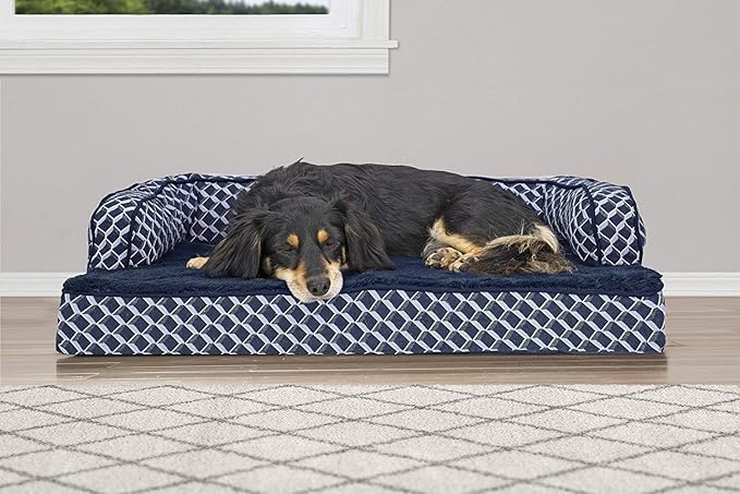 Furhaven Orthopedic Dog Bed for Medium/Small Dogs w/ Removable Bolsters & Washable Cover, For Dogs Up to 35 lbs - Plush & Woven Decor Comfy Couch Sofa - Diamond Blue, Medium
