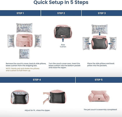 Cute Small & Medium Dog Couch Bed – Supportive & Fluffy Pet Sofa with Faux Rabbit Fur Washable Cover in 3D Diamond Pattern, 36" Pink