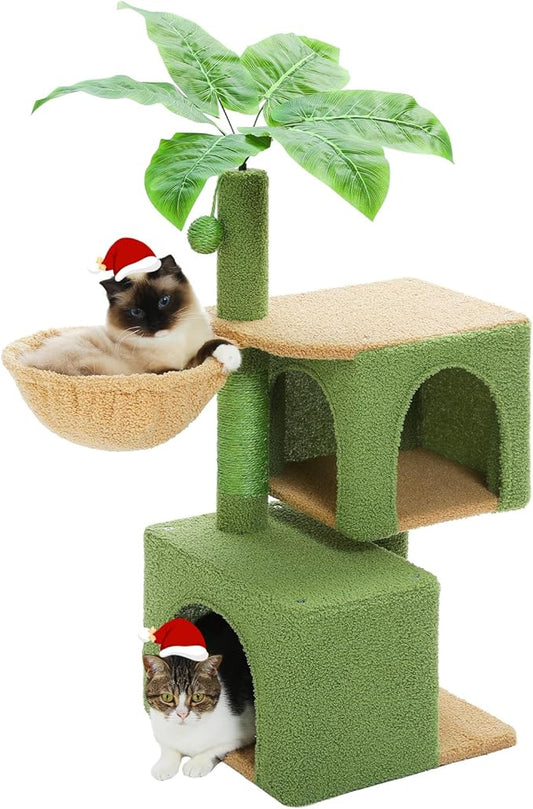 Green Cat Tree for Indoor Cats, 43" Small Cat Tower with Realistic Leaves, Scratching Posts, Dual Condos and Cozy Hammocks, Kitten Activity Center with Dangling Ball