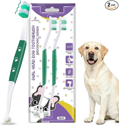 Dog Toothbrush – Newly Upgraded Dual-Head Design with 60° Wavy Bristles – Gently Surrounds Teeth for Deep Cleaning and Plaque Removal – Non-Slip Handle, Ideal for Daily Pet Dental Care (Green, 2-Pack)