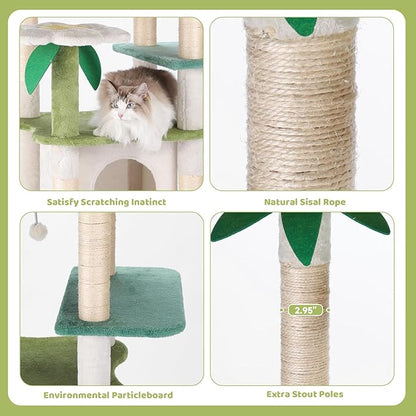 HYABi 64.5-Inch Cute Avocado Flower Large Tall Garden Cat Tree Tower Condo House Furniture Bed Plush Ball Activity Platform Multi-Level with Scratching Posts for Indoor Cats Play