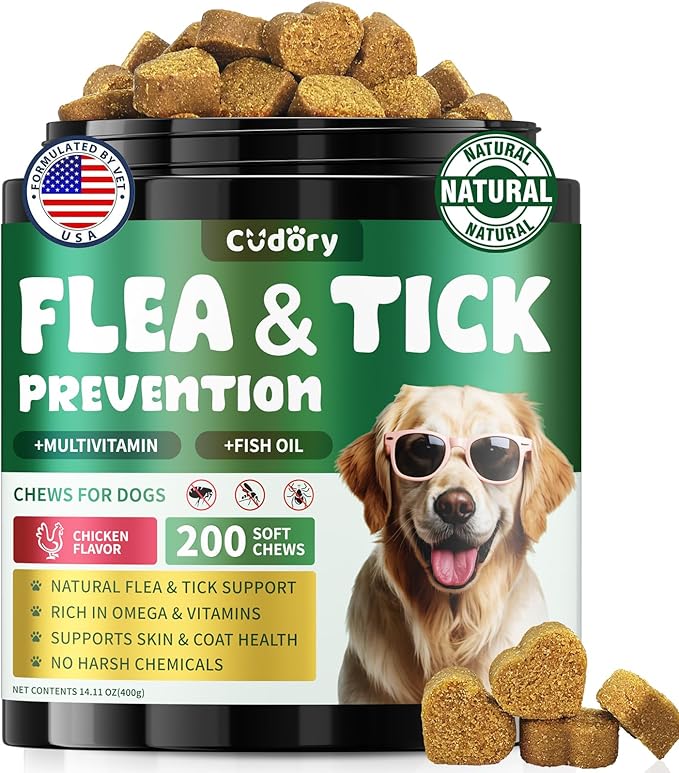Flea and Tick Prevention for Dogs, 200 Natural Soft Chewables Flea and Tick Support with Vitamins & Fish Oil, Oral Flea Chews Supplement for Dogs -All Breeds, Puppy to Senior Dog, Chicken Flavor