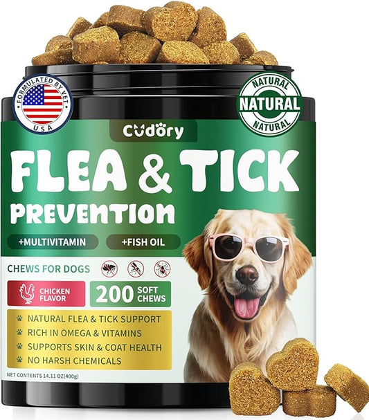 Flea and Tick Prevention for Dogs, 200 Natural Soft Chewables Flea and Tick Support with Vitamins & Fish Oil, Oral Flea Chews Supplement for Dogs -All Breeds, Puppy to Senior Dog, Chicken Flavor