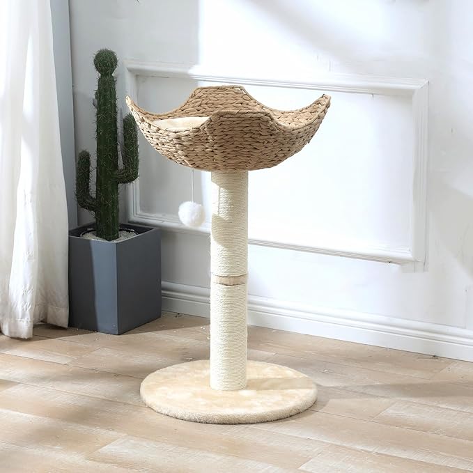 SHENGOCASE Small Cat Tree Tower with Large 17.7" Rattan Wicker Basket, Handwoven Nest Basket Bed, Window Perch for Large Cats up to 25LBS