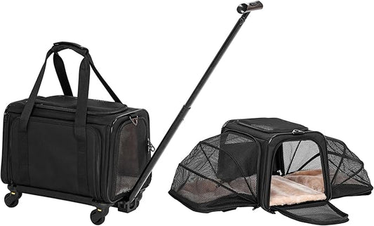 A4Pet Airline-Checked Pet Carrier with Wheels(Removable) & Retractable Handle - Soft Cat Carrier, Small Dog Carrier, Fits Under Airline Seats, 15lb Capacity, Pet Carrier for Cats/Small Dogs
