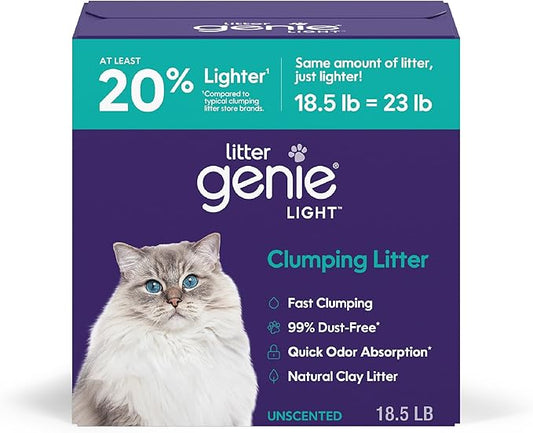Litter Genie Light Unscented Clumping Cat Litter, 18.5 lbs | Lightweight 20% Lighter Natural Clay | Fast-Clumping, Odor Control, Dust-Free