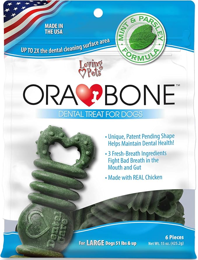 Loving Pets Ora-Bone™ Dental Chews for Dogs – USA Made Dog Dental Sticks with Parsley & Mint – Patented Shape to Reduce Plaque, Tartar, Massage Gums & Freshen Breath (Large Dogs 15 oz.)