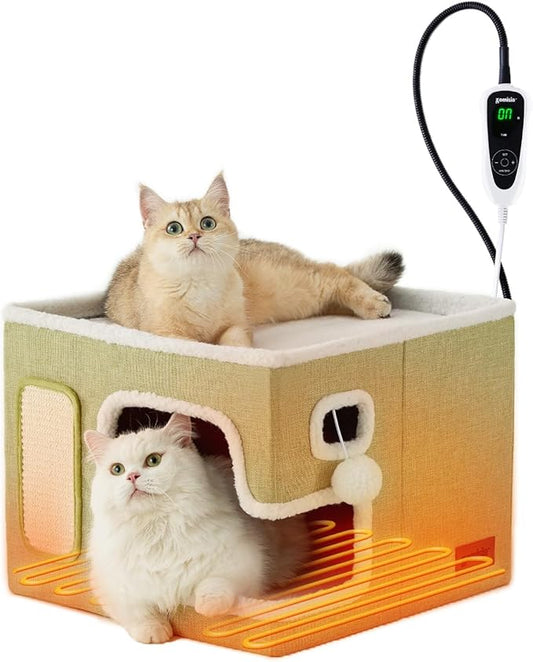 ZOMISIA Heated Cat House for Indoor Cats - Cat Warming Bed for Winter with Fluffy Ball Hanging and Adjustable Heating Pad, Foldable Cat Hideaway,16.5x16.5x13 inches, Green