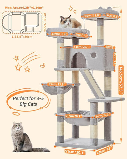 Taoqimiao Cat Tree 57.5-Inch, Cat Tower for Indoor Cats Large Adult, Extra Large Cat Condo, 8 Sisal Scratching Posts, Metal Frame Cozy Hammock, Durable Scratch Board, 2 Top Perches, Light Gray MS026W