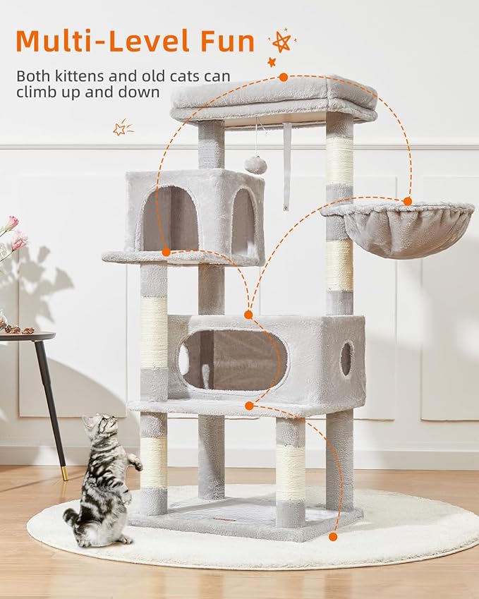 Taoqimiao Cat Tree,49-Inch Cat Tower for Indoor Cats,2 Luxurious cat condo with Adjustable Large Hanging Baskets and Large Luxurious Perch Light Gray MS029LW