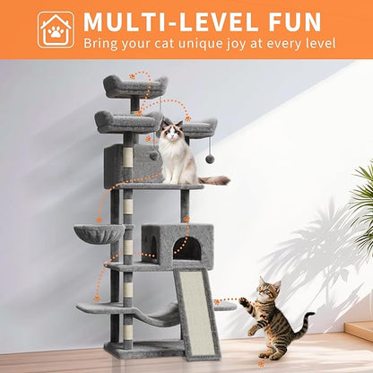68.5 Inch Tall Cat Tree Tower, Heavy Duty Multi-Level Cat Tower with Scratching Posts, Condo, Plush Perches, Hammocks, Basket & Dangling Balls, Cat Furniture for Indoor Cats