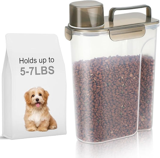5-7Lbs Dog Cat Food Storage Container with Upgraded Large Nozzle BPA-free, 4 Snap Seals Plastic Pet Food Storage Containers with Handles (Clear Brown, 5L-1pack)