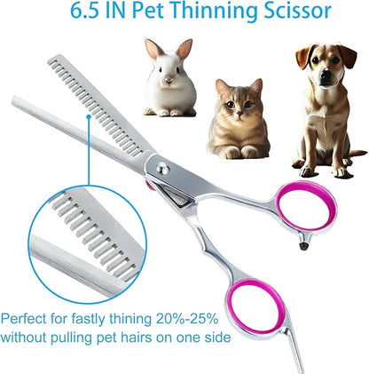 5 in 1 Premium Dog Grooming Scissors, Professional Dog Scissors for Grooming with Safety Round Tips, Lengnoyp Stainless Steel Thinning Shears, Pet Cat Shears for Grooming Kit, Pink