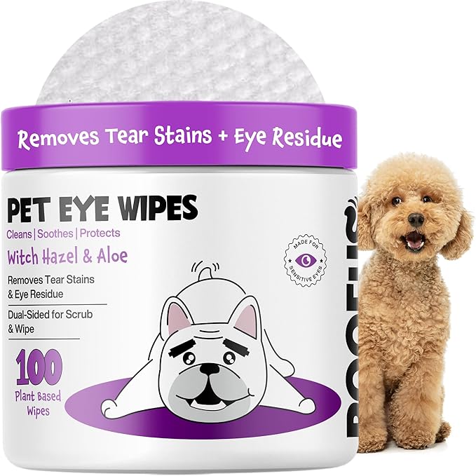 Eye Wipes 100 Counts - Dog Tear Wipes to Removes Tear Stains & Eye Residue - Hypoallergenic Pet Eye Cleaner Wipes for Cats & Dogs - Safe and Effective for Dogs & Cats