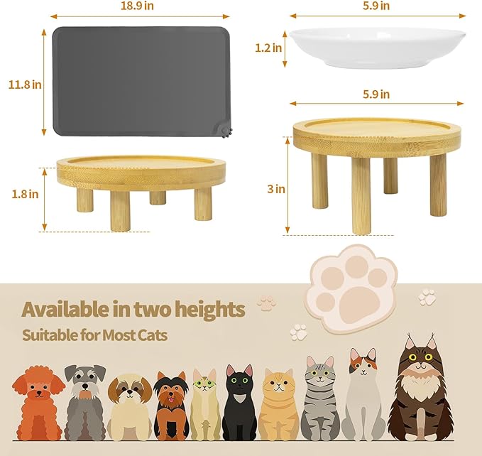 Upgraded Elevated Cat Bowls with Food Mat, Raised Ceramic Cat Dishes with Bamboo Stand, Shallow Wide Pet Feeding Bowls Whisker-Friendly for Food and Water