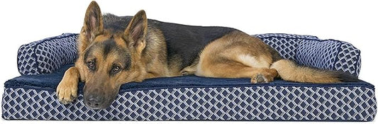 Furhaven Orthopedic Dog Bed for Large Dogs w/ Removable Bolsters & Washable Cover, For Dogs Up to 95 lbs - Plush & Woven Decor Comfy Couch Sofa - Diamond Blue, Jumbo/XL