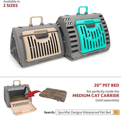 SportPet Designs Foldable Travel Cat Carrier - Front Door Plastic Collapsible Carrier, Gray and Tan, Medium (Pack of 1)