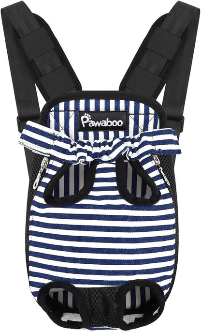Pawaboo Pet Carrier Backpack, Adjustable Pet Front Cat Dog Carrier Backpack Travel Bag, Legs Out, Easy-Fit for Traveling Hiking Camping for Small Medium Dogs Cats Puppies, Medium, Blue & White Stripes