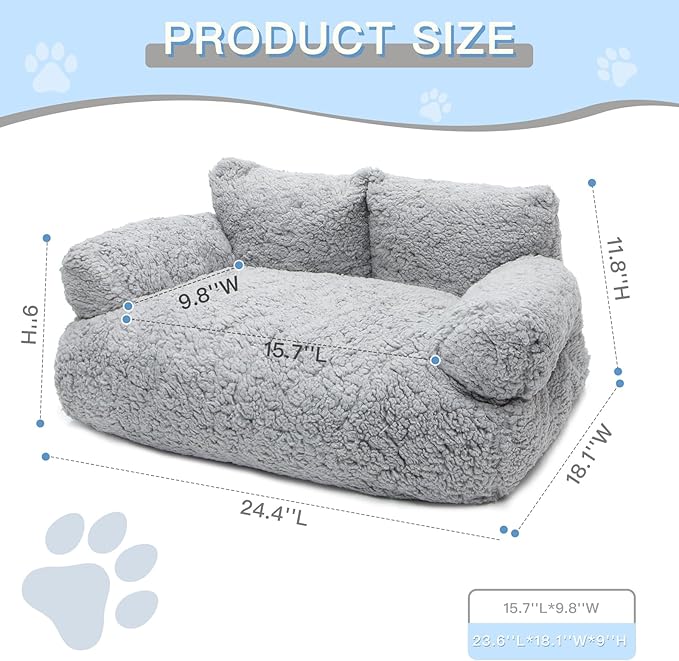 Plush Cat Couch Bed - Cat Bed for Indoor Cats, Dog Sofa Bed, Cotton Fleece Calming Pet Couch with Removable Cover, Breathable Pet Sofa for Small/Medium Pets (26×18×12in, Grey)