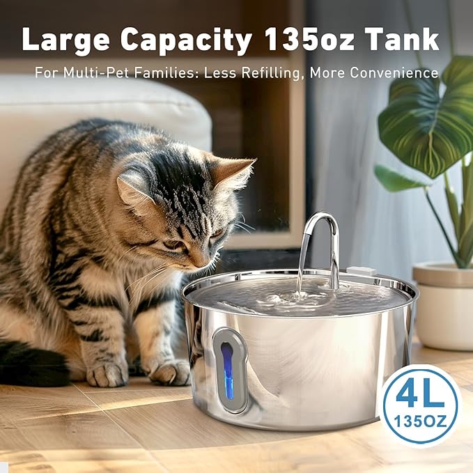HAJXM Cat Water Fountain, 4.0L/135oz Automatic Pet Fountain Stainless Steel Large Dog Water Dispenser with Ultra-Quiet Pump & 6 Replacement Filters & for Cats Inside, Dogs, Multiple Pets