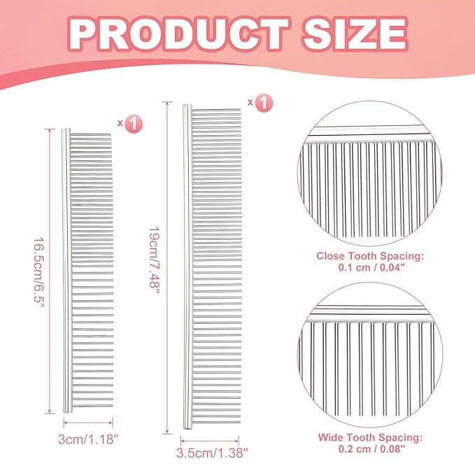 Dog Cat Comb, Pet Combs Stainless Steel Teeth with Rounded Ends for Knots Mats Loose Hair Removal, 6.5/7.5IN (Silver, 2 Pack), Grooming Tool Intended for Long Curly Hair Pet