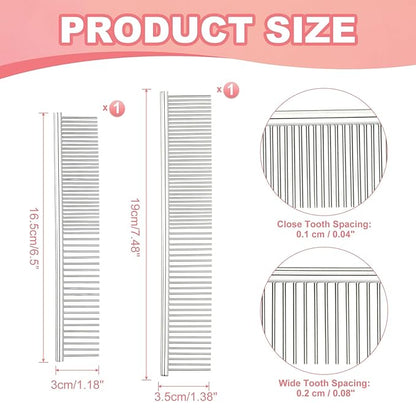 Dog Cat Comb, Pet Combs Stainless Steel Teeth with Rounded Ends for Knots Mats Loose Hair Removal, 6.5/7.5IN (Silver, 2 Pack), Grooming Tool Intended for Long Curly Hair Pet