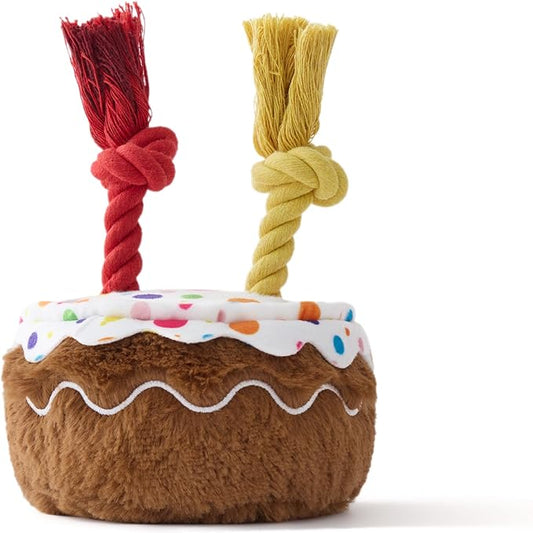 LE SURE Dog Birthday Cake Toy - Cute Dog Birthday Cake Squeaky Toy with Interactive Tug Rope, Interactive Chew Toy for Puppy Birthday Party & Daily Play, XSmall, Milk Chocolate