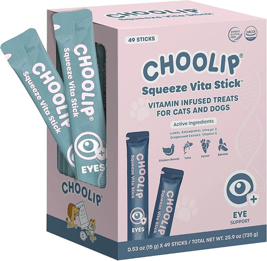 Choolip Squeeze Vita Stick Lickable Cat and Dog Treats – 49-Count Eye Support Sticks with Multivitamins, Soft Squeezable Paste for All Life Stages, Supporting Eye Health