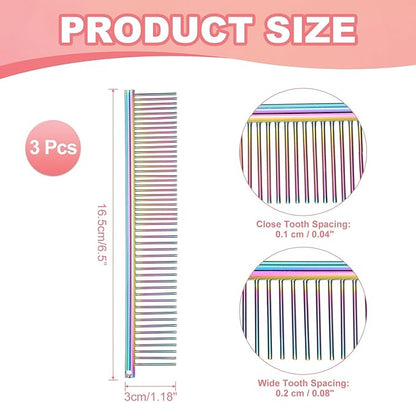 Dog Cat Comb, Pet Combs Stainless Steel Teeth with Rounded Ends for Knots Mats Loose Hair Removal, 6.5IN (Colorful Plated, 3 Pack), Grooming Tool Intended for Long Curly Hair Pet