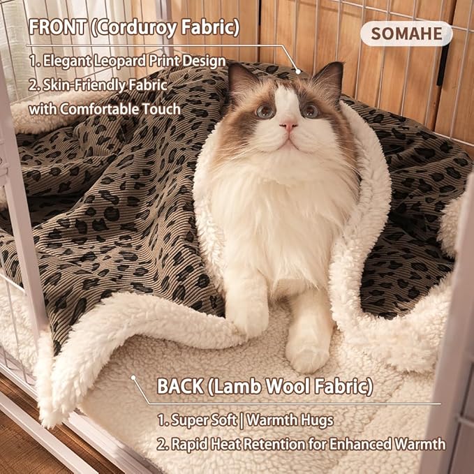 Cat Blankets for Indoor Cats Super Soft Plush Faux Fur Kitten Blankets Machine Washable Reversible Pet Throw Protector for Couch Furniture Leopard Print Blanket 28"X 22" in Brown