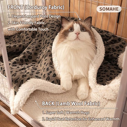 Cat Blankets for Indoor Cats Super Soft Plush Faux Fur Kitten Blankets Machine Washable Reversible Pet Throw Protector for Couch Furniture Leopard Print Blanket 28"X 22" in Brown