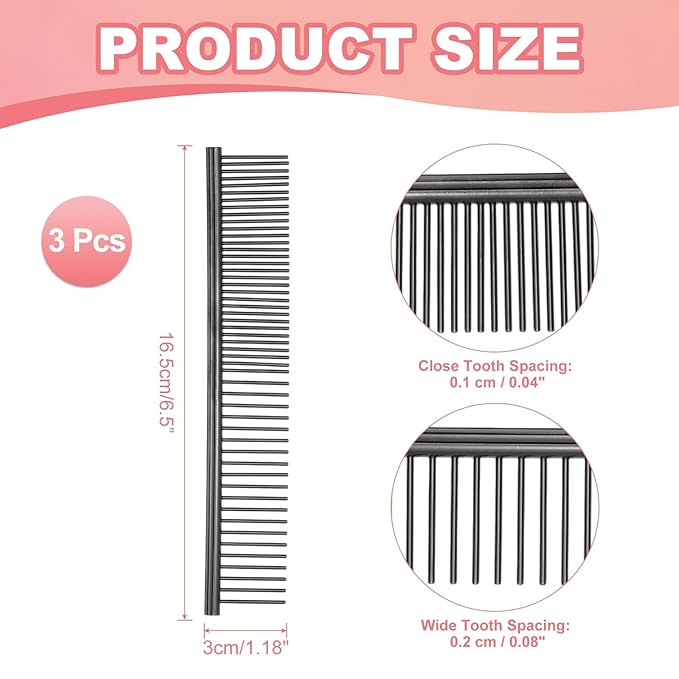 Dog Cat Comb, Pet Combs Stainless Steel Teeth with Rounded Ends for Knots Mats Loose Hair Removal, 6.5IN (Black Plated, 3 Pack), Grooming Tool Intended for Long Curly Hair Pet