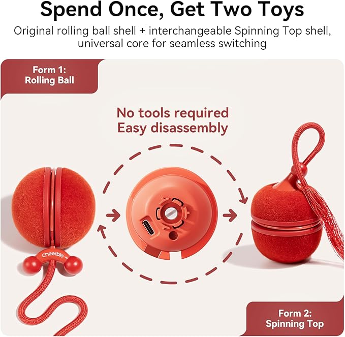 Cheerble 2 in 1 Interactive Cat Toys for Indoor Cats - Wicked Ball Duo2 Automatic Cat Toy, Dual Interchangeable Shells, Electric Cat Toy Ball with Chirping Sounds, Rechargeable Moving Kitten Toys, Red