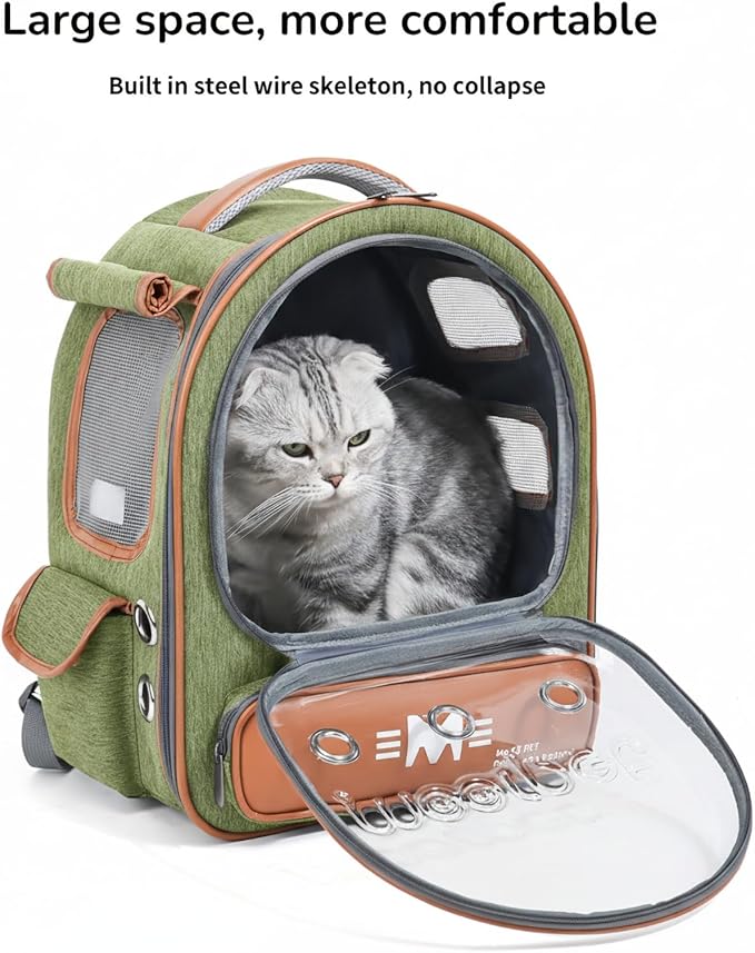 Cat Bubble Backpack Carrier, Clear Pet Bag for Cats and Small Dogs up to 20 Lbs, Great for Outdoor Hiking Camping (Green Orange)