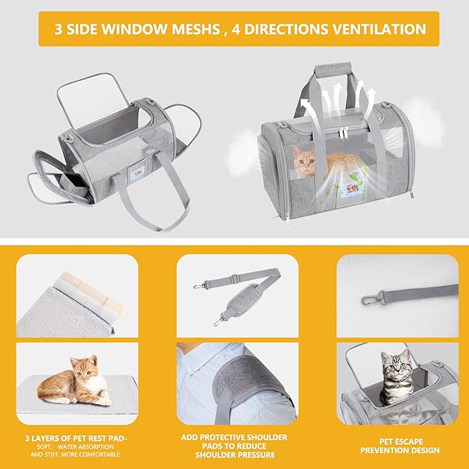 Cat Carrier Pet Dog Carrier Airline Approved for Puppy Kitten Carriers Under 15lb, Collapsible Soft Sided TSA Approved Travel Carrier-Grey