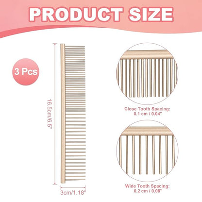 Dog Cat Comb, Pet Combs Stainless Steel Teeth with Rounded Ends for Knots Mats Loose Hair Removal, 6.5IN (Gold Coated, 3 Pack), Grooming Tool Intended for Long Curly Hair Pet
