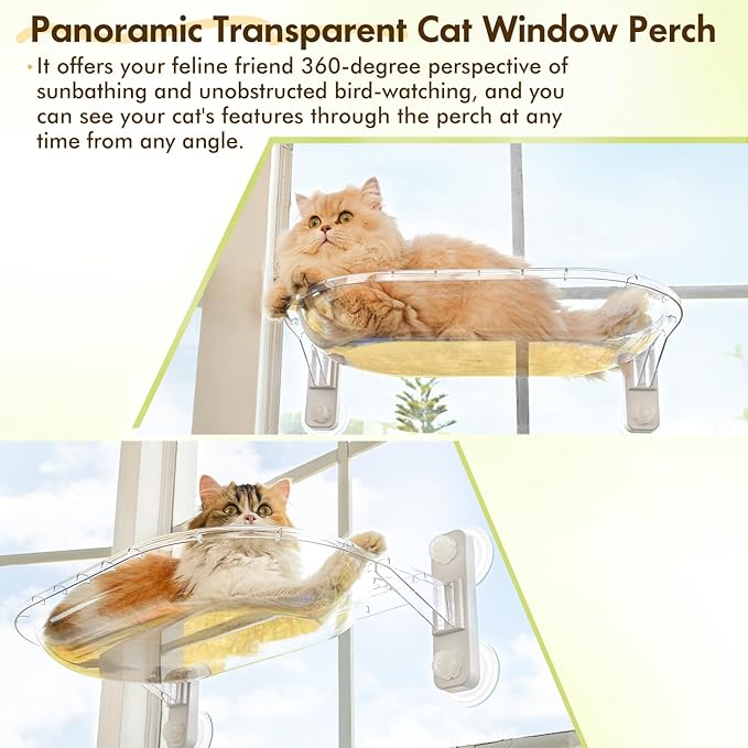 AMOSIJOY Transparent Cat Window Perch, Easy to Install & Clean Cat Hammock with 4 Enlarged Suction Cups for Large Cats, Panoramic Space Capsule Window Seat with Cozy Furry Mat