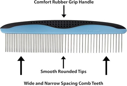 Dog Comb, Grooming Set for Dogs, 2 Sizes Pet Grooming Comb with Stainless Steel Teeth, Comfort Grip Handle, Dog Grooming Supplies, Large Pet Comb and Small Pet Comb