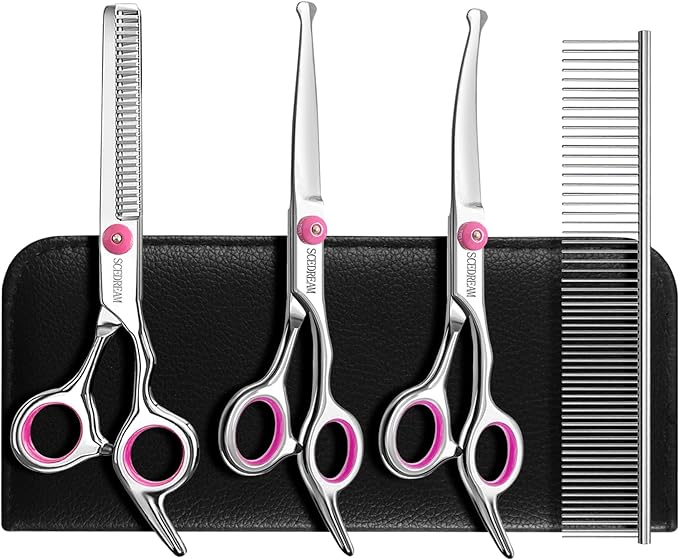 Dog Grooming Scissors With Safety Round Tips 5 in 1 - 4CR Stainless Steel Professional Pet Shears for Dogs and Cats, Pink
