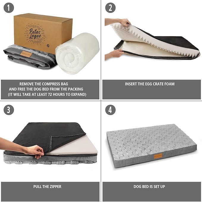 Patas Lague Orthopedic Dog Bed Large Sized Dog 36''X24'', Waterproof Soft Comfortable Egg Crate Foam Large Pet Beds Crate Mat with Removable Washable Cover and Nonskid Bottom, Grey