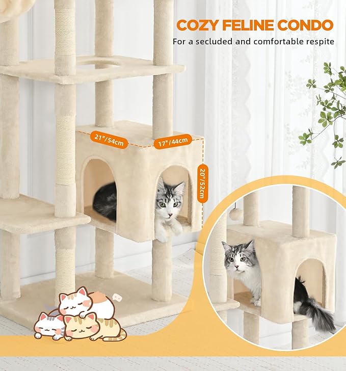 Made4Pets Tall Cat Tree, 71 Inches Cat Tree Tower for Indoor Cats Large Adult, Plush Multi-Level Cat Tower with 5 Scratching Posts, 2 Hammock, Condo and Perch, Big Cat House Indoor, Beige