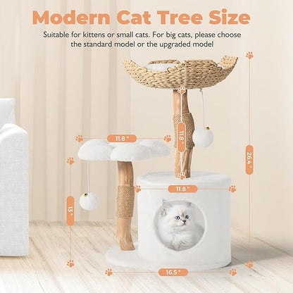 Modern Cat Tree, Wood Cat Tree Tower for Small Cats, Luxury Cat Condo with Scratching Posts and Flower Platforms, Cat Furniture by Easyego, (White)