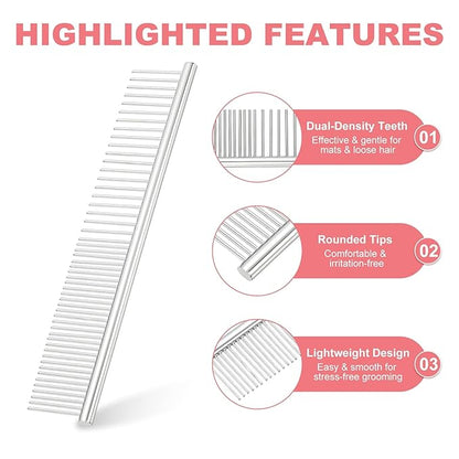 Dog Cat Comb, Pet Combs Stainless Steel Teeth with Rounded Ends for Knots Mats Loose Hair Removal, 6.5IN (Silver, 3 Pack), Grooming Tool Intended for Long Curly Hair Pet